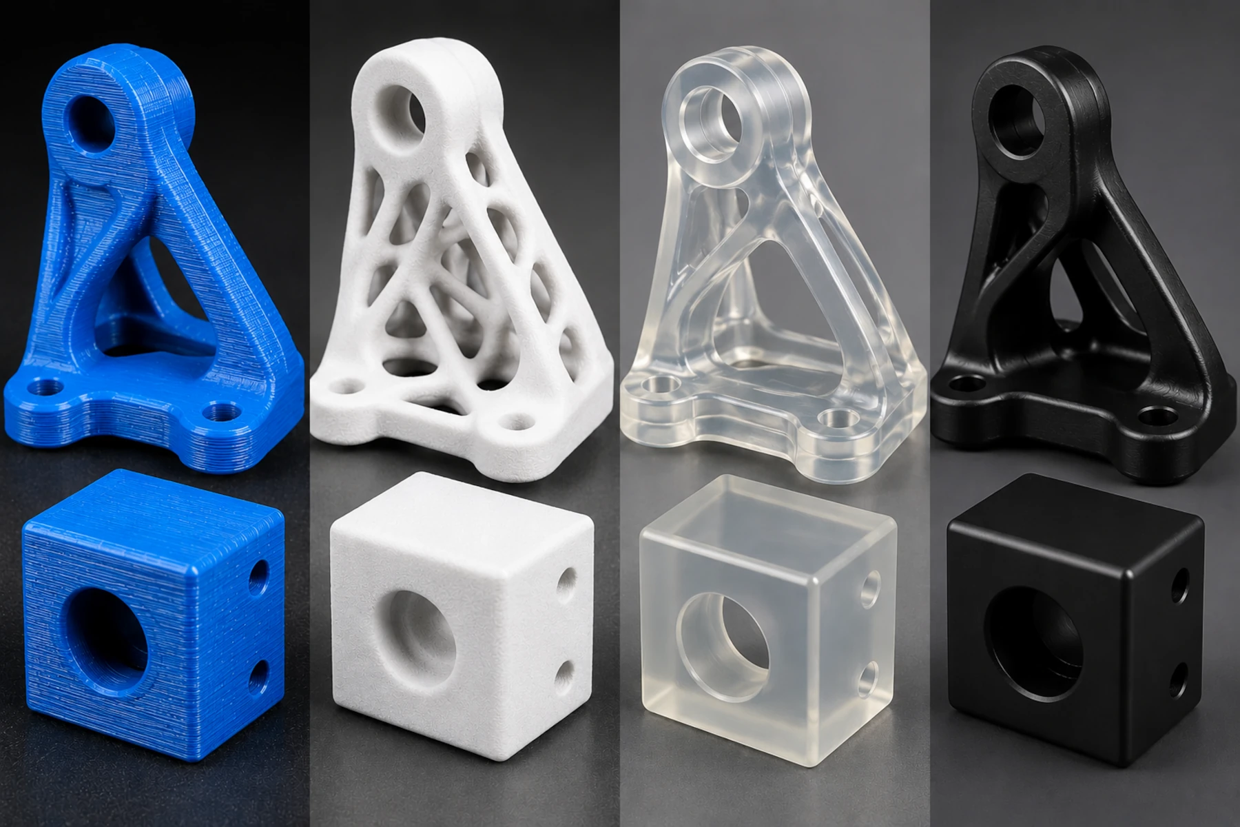 Surface finish comparison — FDM layer lines, SLS matte, SLA smooth, Vacuum Cast production-quality — Stratnel