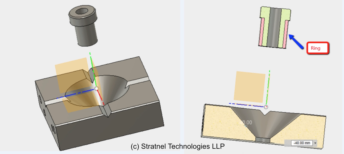 DFAM step 1 — base with conical locator, V-groove, and ring around bush — Stratnel